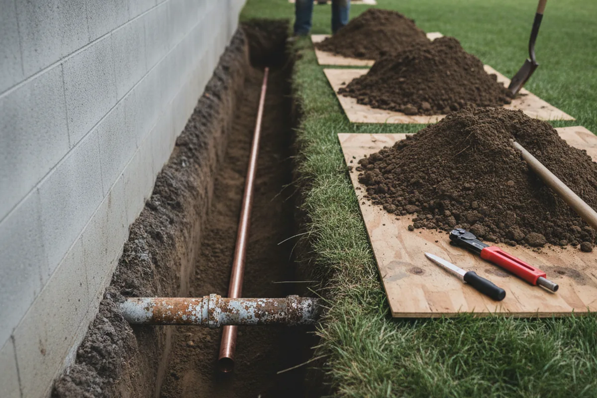 Excavated water line trench during Sewer Line Repair in Eddyville